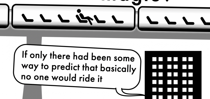 A cartoon depicting the question: Is the maglev ridership forecast accurate?