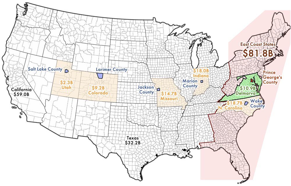 USA state map highlighting BARC and the hub cities